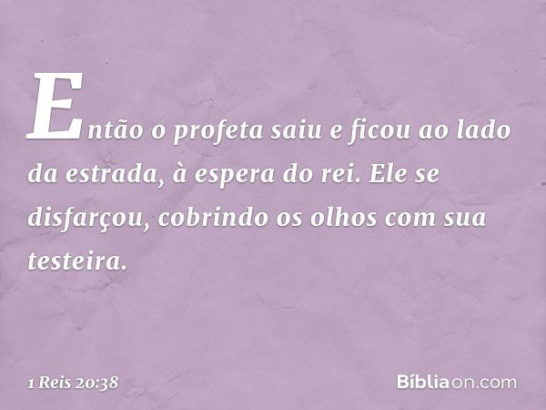 Então o profeta saiu e ficou ao lado da estrada, à espera do rei. Ele se disfarçou, cobrindo os olhos com sua testeira. -- 1 Reis 20:38