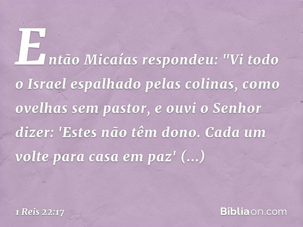 Então Micaías respondeu: "Vi todo o Israel espalhado pelas colinas, como ovelhas sem pastor, e ouvi o Senhor dizer: 'Estes não têm dono. Cada um volte para casa