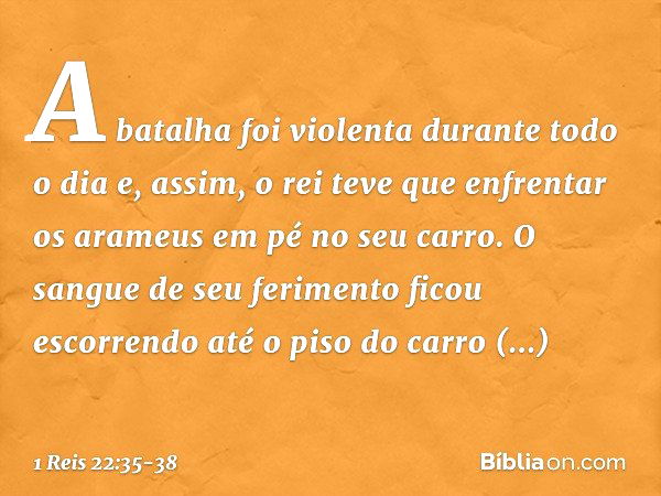 A batalha foi violenta durante todo o dia e, assim, o rei teve que enfrentar os arameus em pé no seu carro. O sangue de seu ferimento ficou escorrendo até o pis