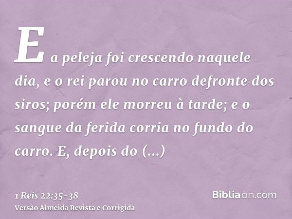 E a peleja foi crescendo naquele dia, e o rei parou no carro defronte dos siros; porém ele morreu à tarde; e o sangue da ferida corria no fundo do carro.E, depo