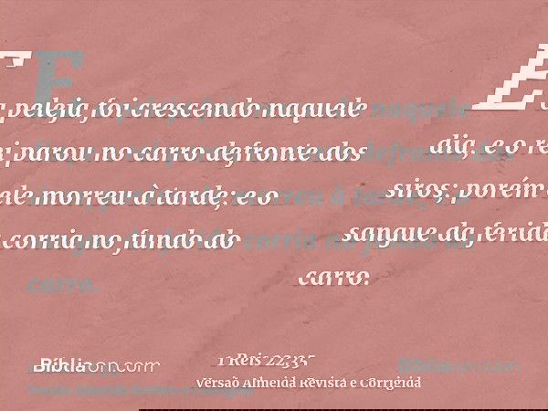 E a peleja foi crescendo naquele dia, e o rei parou no carro defronte dos siros; porém ele morreu à tarde; e o sangue da ferida corria no fundo do carro.