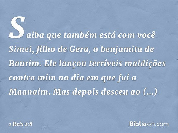 "Saiba que também está com você Simei, filho de Gera, o benjamita de Baurim. Ele lançou terríveis maldições contra mim no dia em que fui a Maanaim. Mas depois d