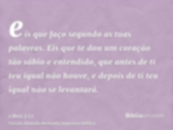 eis que faço segundo as tuas palavras. Eis que te dou um coração tão sábio e entendido, que antes de ti teu igual não houve, e depois de ti teu igual não se lev