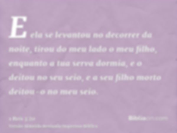 E ela se levantou no decorrer da noite, tirou do meu lado o meu filho, enquanto a tua serva dormia, e o deitou no seu seio, e a seu filho morto deitou-o no meu 