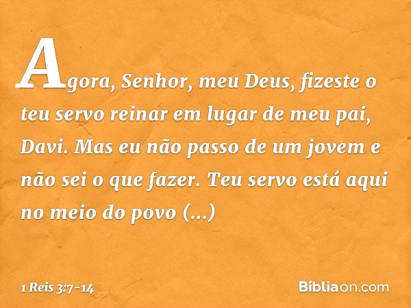 "Agora, Senhor, meu Deus, fizeste o teu servo reinar em lugar de meu pai, Davi. Mas eu não passo de um jovem e não sei o que fazer. Teu servo está aqui no meio 