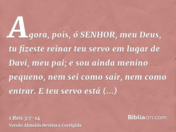 Agora, pois, ó SENHOR, meu Deus, tu fizeste reinar teu servo em lugar de Davi, meu pai; e sou ainda menino pequeno, nem sei como sair, nem como entrar.E teu ser