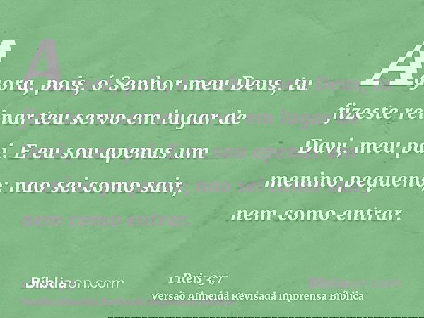 Agora, pois, ó Senhor meu Deus, tu fizeste reinar teu servo em lugar de Davi, meu pai. E eu sou apenas um menino pequeno; nao sei como sair, nem como entrar.