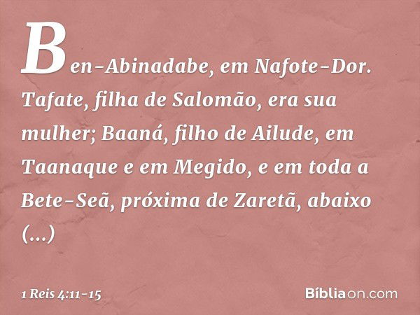 Ben-Abinadabe, em Nafote-Dor. Tafate, filha de Salomão, era sua mulher; Baaná, filho de Ailude, em Taanaque e em Megido, e em toda a Bete-Seã, próxima de Zaretã