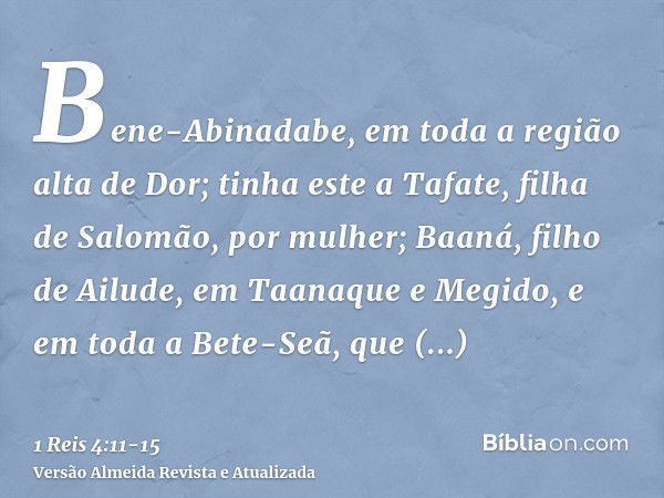 Bene-Abinadabe, em toda a região alta de Dor; tinha este a Tafate, filha de Salomão, por mulher;Baaná, filho de Ailude, em Taanaque e Megido, e em toda a Bete-S