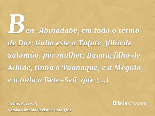 Ben-Abinadabe, em todo o termo de Dor; tinha este a Tafate, filha de Salomão, por mulher;Baaná, filho de Ailude, tinha a Taanaque, e a Megido, e a toda a Bete-S