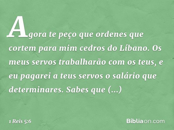 "Agora te peço que ordenes que cortem para mim cedros do Líbano. Os meus servos trabalharão com os teus, e eu pagarei a teus servos o salário que determinares. 