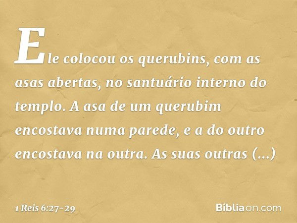 Ele colocou os querubins, com as asas abertas, no santuário interno do templo. A asa de um querubim encostava numa parede, e a do outro encostava na outra. As s