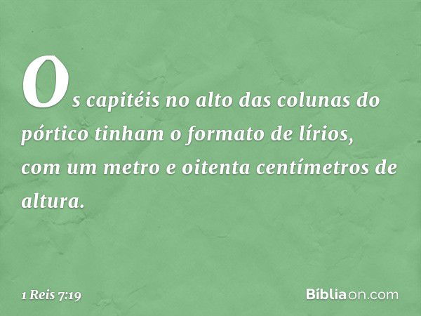 Os capitéis no alto das colunas do pórtico tinham o formato de lírios, com um metro e oitenta centímetros de altura. -- 1 Reis 7:19