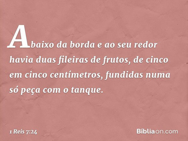 Abaixo da borda e ao seu redor havia duas fileiras de frutos, de cinco em cinco centímetros, fundidas numa só peça com o tanque. -- 1 Reis 7:24