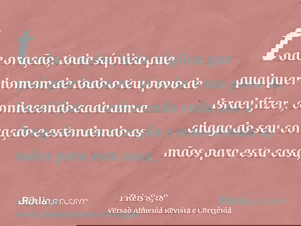 toda oração, toda súplica que qualquer homem de todo o teu povo de Israel fizer, conhecendo cada um a chaga do seu coração e estendendo as mãos para esta casa,