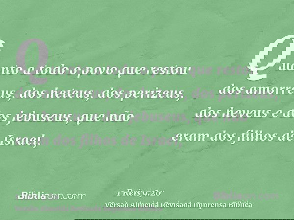 Quanto a todo o povo que restou dos amorreus, dos heteus, dos perizeus, dos heveus e dos jebuseus, que não eram dos filhos de Israel,