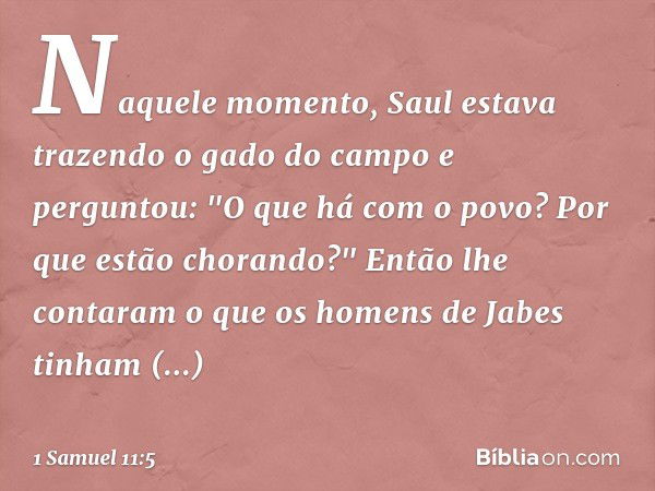 Naquele momento, Saul estava trazendo o gado do campo e perguntou: "O que há com o povo? Por que estão chorando?" Então lhe contaram o que os homens de Jabes ti