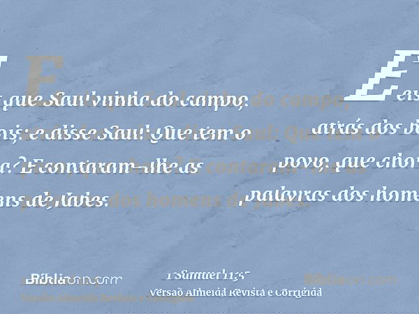 E eis que Saul vinha do campo, atrás dos bois; e disse Saul: Que tem o povo, que chora? E contaram-lhe as palavras dos homens de Jabes.