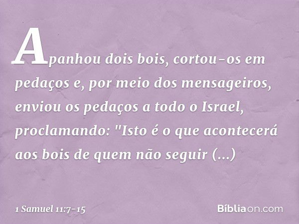 Apanhou dois bois, cortou-os em pedaços e, por meio dos mensageiros, enviou os pedaços a todo o Israel, proclamando: "Isto é o que acontecerá aos bois de quem n