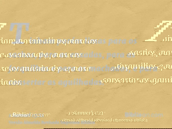 Tinham porém limas para os sachos, para as enxadas, para as forquilhas e para os machados, e para consertar as aguilhadas.