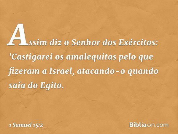 Assim diz o Senhor dos Exércitos: 'Castigarei os amalequitas pelo que fizeram a Israel, atacando-o quando saía do Egito. -- 1 Samuel 15:2