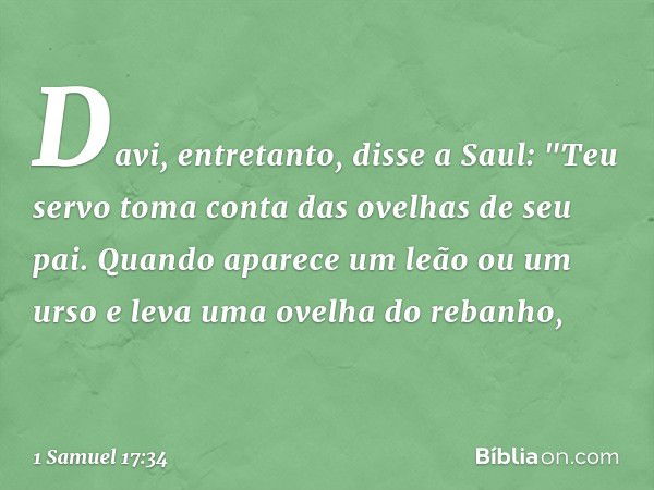 Davi, entretanto, disse a Saul: "Teu servo toma conta das ovelhas de seu pai. Quando aparece um leão ou um urso e leva uma ovelha do rebanho, -- 1 Samuel 17:34