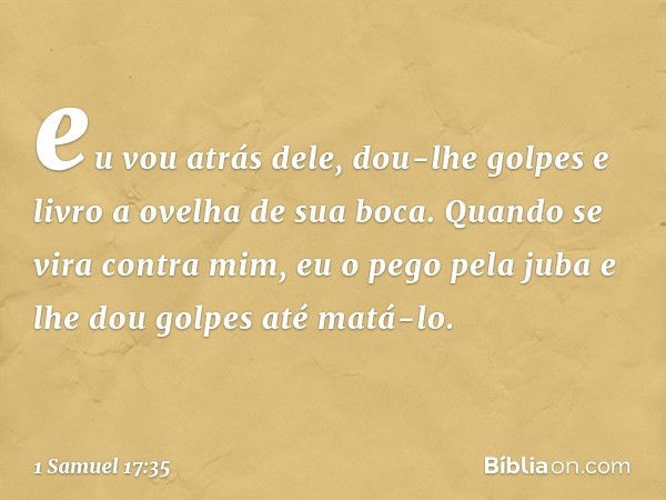 eu vou atrás dele, dou-lhe golpes e livro a ovelha de sua boca. Quando se vira contra mim, eu o pego pela juba e lhe dou golpes até matá-lo. -- 1 Samuel 17:35