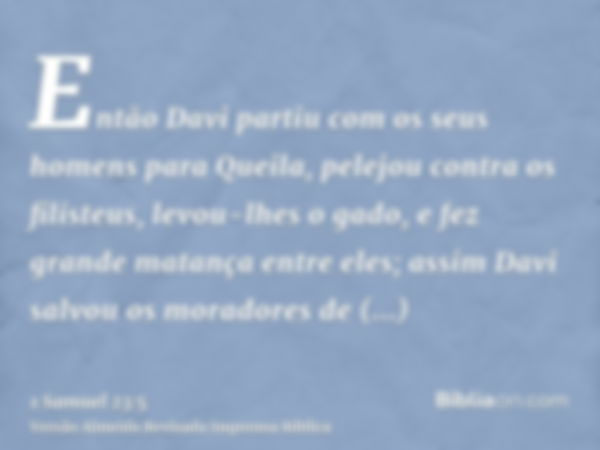 Então Davi partiu com os seus homens para Queila, pelejou contra os filisteus, levou-lhes o gado, e fez grande matança entre eles; assim Davi salvou os moradore