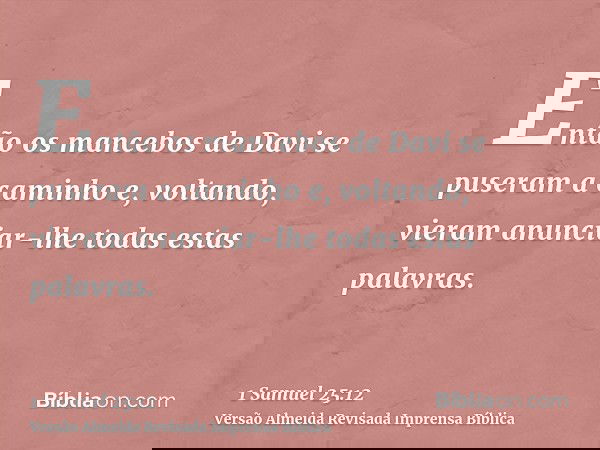 Então os mancebos de Davi se puseram a caminho e, voltando, vieram anunciar-lhe todas estas palavras.