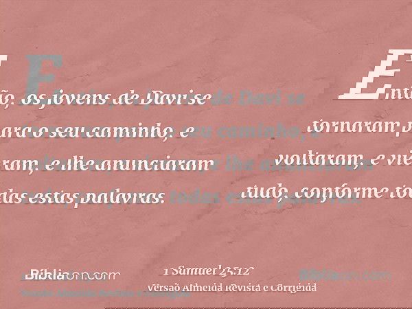 Então, os jovens de Davi se tornaram para o seu caminho, e voltaram, e vieram, e lhe anunciaram tudo, conforme todas estas palavras.