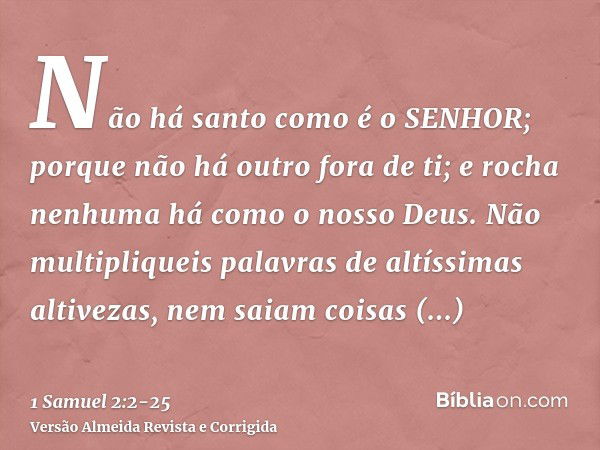 Não há santo como é o SENHOR; porque não há outro fora de ti; e rocha nenhuma há como o nosso Deus.Não multipliqueis palavras de altíssimas altivezas, nem saiam