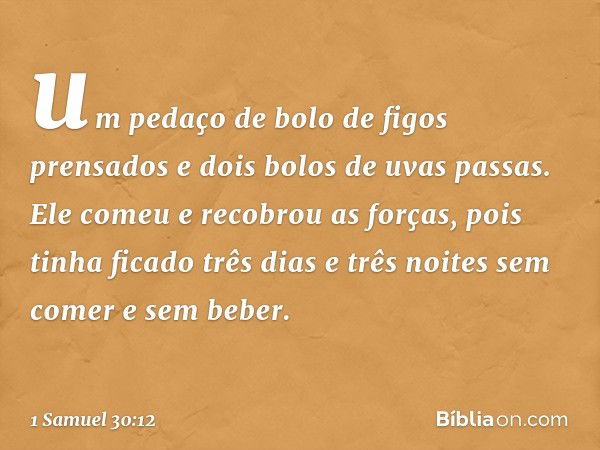 um pedaço de bolo de figos prensados e dois bolos de uvas passas. Ele comeu e recobrou as forças, pois tinha ficado três dias e três noites sem comer e sem bebe