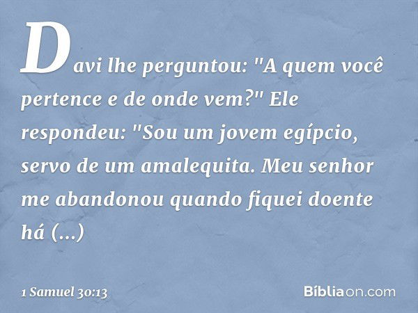 Davi lhe perguntou: "A quem você pertence e de onde vem?"
Ele respondeu: "Sou um jovem egípcio, servo de um amalequita. Meu senhor me abandonou quando fiquei do