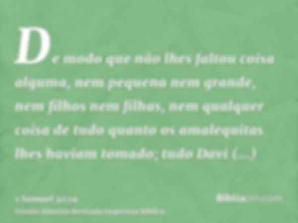 De modo que não lhes faltou coisa alguma, nem pequena nem grande, nem filhos nem filhas, nem qualquer coisa de tudo quanto os amalequitas lhes haviam tomado; tu