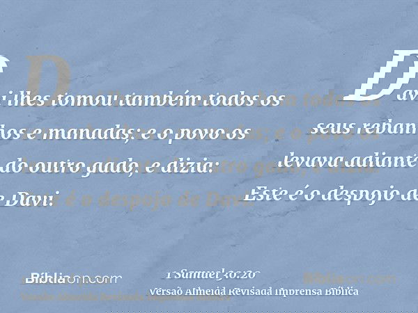 Davi lhes tomou também todos os seus rebanhos e manadas; e o povo os levava adiante do outro gado, e dizia: Este é o despojo de Davi.