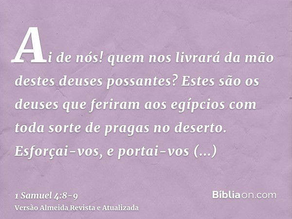 Ai de nós! quem nos livrará da mão destes deuses possantes? Estes são os deuses que feriram aos egípcios com toda sorte de pragas no deserto.Esforçai-vos, e por