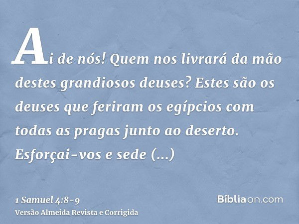 Ai de nós! Quem nos livrará da mão destes grandiosos deuses? Estes são os deuses que feriram os egípcios com todas as pragas junto ao deserto.Esforçai-vos e sed