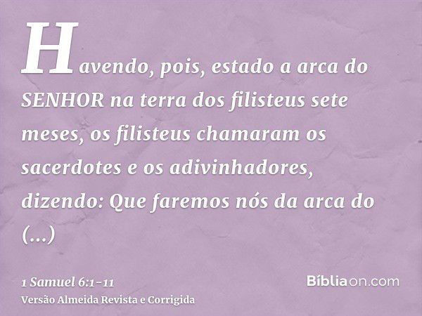 Havendo, pois, estado a arca do SENHOR na terra dos filisteus sete meses,os filisteus chamaram os sacerdotes e os adivinhadores, dizendo: Que faremos nós da arc