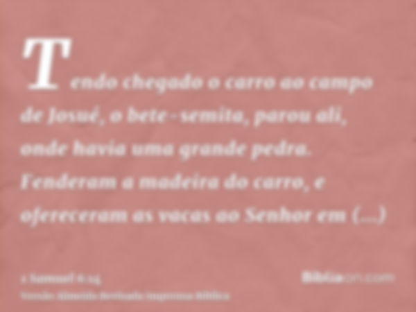 Tendo chegado o carro ao campo de Josué, o bete-semita, parou ali, onde havia uma grande pedra. Fenderam a madeira do carro, e ofereceram as vacas ao Senhor em 