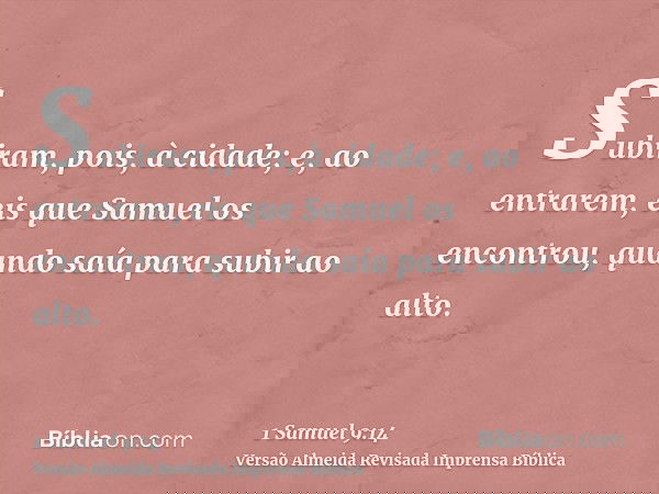 Subiram, pois, à cidade; e, ao entrarem, eis que Samuel os encontrou, quando saía para subir ao alto.