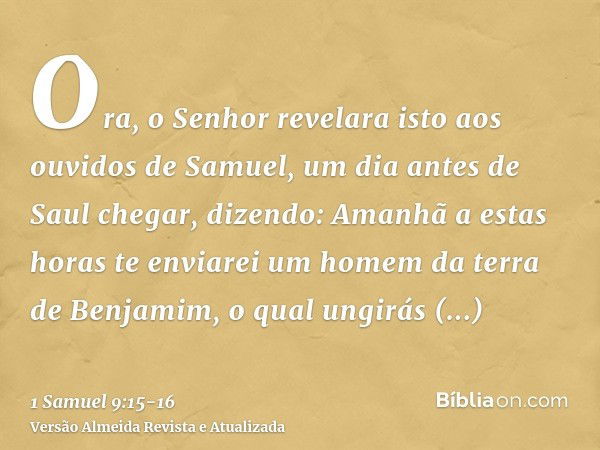 Ora, o Senhor revelara isto aos ouvidos de Samuel, um dia antes de Saul chegar, dizendo:Amanhã a estas horas te enviarei um homem da terra de Benjamim, o qual u