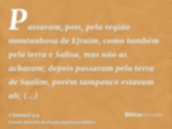 Passaram, pois, pela região montanhosa de Efraim, como também pela terra e Salisa, mas não as acharam; depois passaram pela terra de Saalim, porém tampouco esta