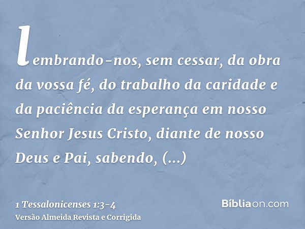 lembrando-nos, sem cessar, da obra da vossa fé, do trabalho da caridade e da paciência da esperança em nosso Senhor Jesus Cristo, diante de nosso Deus e Pai,sab