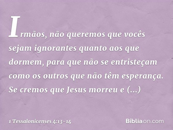 Irmãos, não queremos que vocês sejam ignorantes quanto aos que dormem, para que não se entristeçam como os outros que não têm esperança. Se cremos que Jesus mor