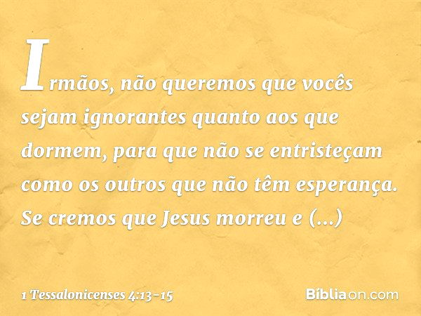 Irmãos, não queremos que vocês sejam ignorantes quanto aos que dormem, para que não se entristeçam como os outros que não têm esperança. Se cremos que Jesus mor