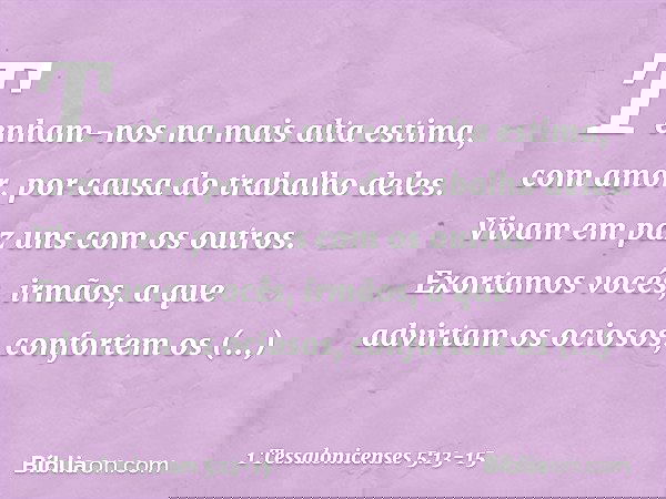 Tenham-nos na mais alta estima, com amor, por causa do trabalho deles. Vivam em paz uns com os outros. Exortamos vocês, irmãos, a que advirtam os ociosos, confo