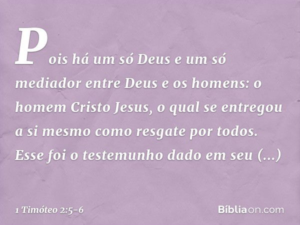 Pois há um só Deus
e um só mediador
entre Deus e os homens:
o homem Cristo Jesus, o qual se entregou a si mesmo
como resgate por todos.
Esse foi o testemunho da