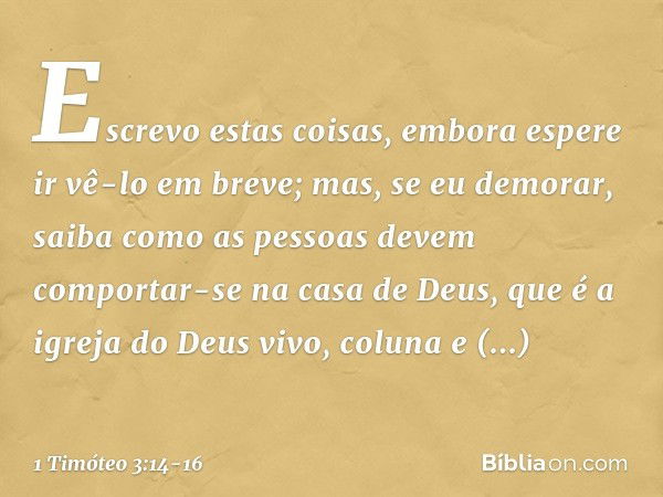 Escrevo estas coisas, embora espere ir vê-lo em breve; mas, se eu demorar, saiba como as pessoas devem comportar-se na casa de Deus, que é a igreja do Deus vivo