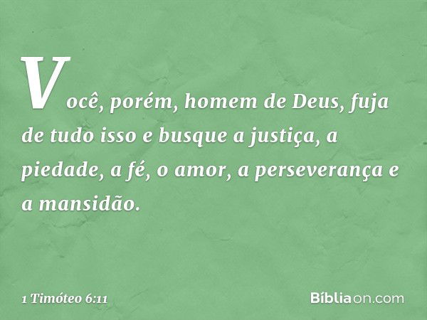 Você, porém, homem de Deus, fuja de tudo isso e busque a justiça, a piedade, a fé, o amor, a perseverança e a mansidão. -- 1 Timóteo 6:11