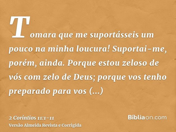 Tomara que me suportásseis um pouco na minha loucura! Suportai-me, porém, ainda.Porque estou zeloso de vós com zelo de Deus; porque vos tenho preparado para vos